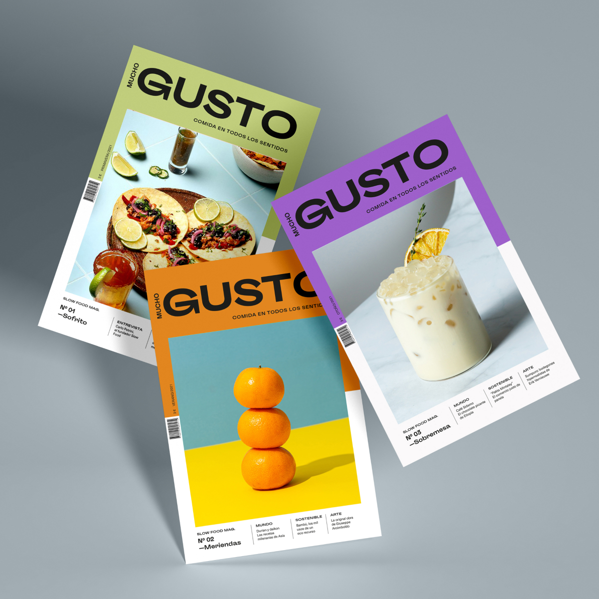 Three colourful Gusto magazine covers featuring food and drinks