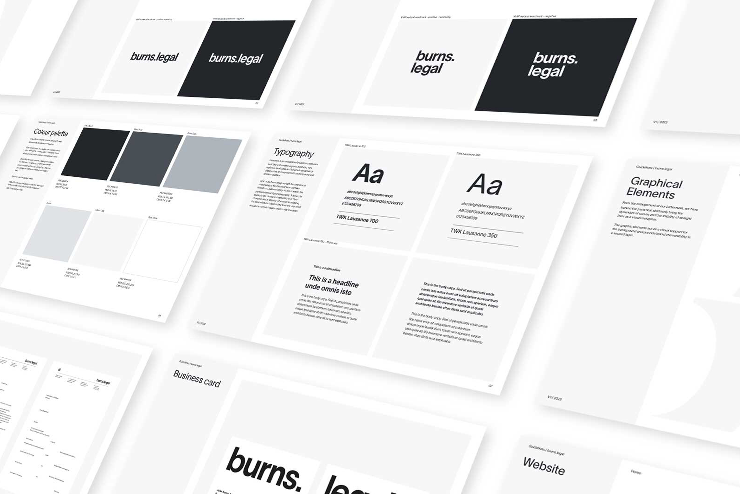 Burns Legal brand guidelines showing logo, colours and typography